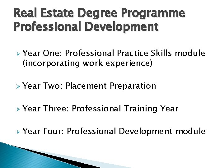 Real Estate Degree Programme Professional Development Ø Year One: Professional Practice Skills module (incorporating