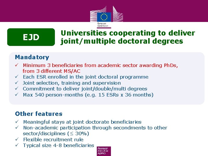 EJD Universities cooperating to deliver joint/multiple doctoral degrees Mandatory ü Minimum 3 beneficiaries from