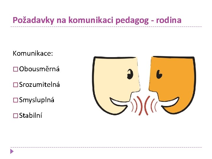 Požadavky na komunikaci pedagog - rodina Komunikace: � Obousměrná � Srozumitelná � Smysluplná �