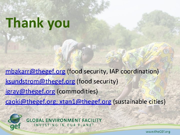 Thank you mbakarr@thegef. org (food security, IAP coordination) ksundstrom@thegef. org (food security) igray@thegef. org
