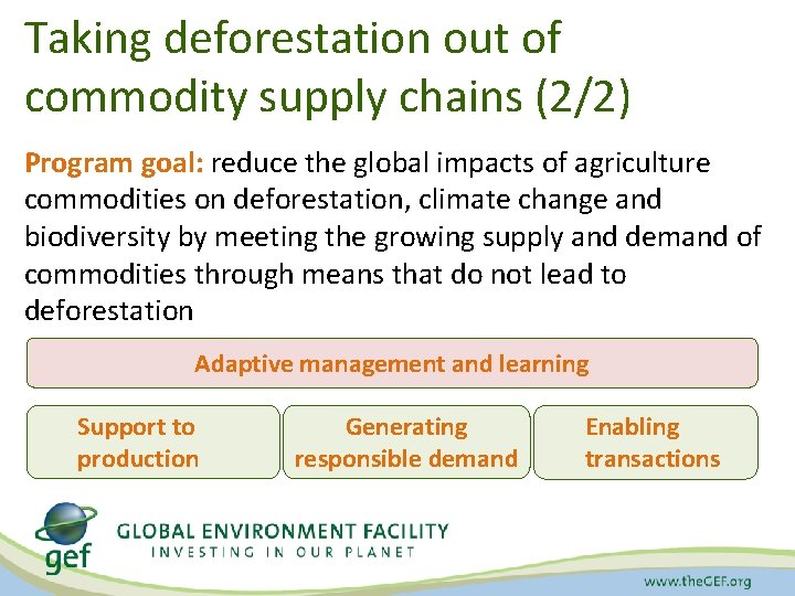 Taking deforestation out of commodity supply chains (2/2) Program goal: reduce the global impacts
