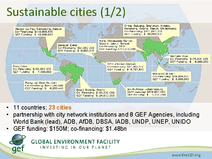 Sustainable cities (1/2) • 11 countries; 23 cities • partnership with city network institutions