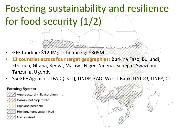 Fostering sustainability and resilience for food security (1/2) • GEF funding: $120 M; co-financing: