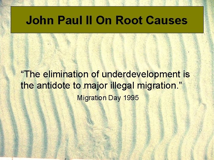 John Paul II On Root Causes “The elimination of underdevelopment is the antidote to