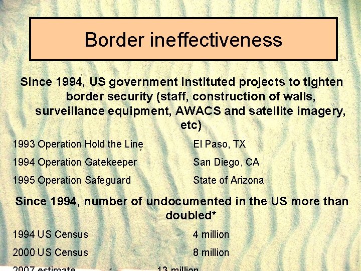 Border ineffectiveness Since 1994, US government instituted projects to tighten border security (staff, construction