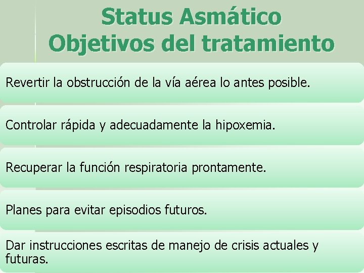 Status Asmático Objetivos del tratamiento Revertir la obstrucción de la vía aérea lo antes