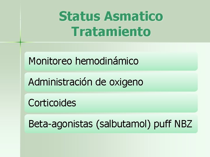 Status Asmatico Tratamiento Monitoreo hemodinámico Administración de oxigeno Corticoides Beta-agonistas (salbutamol) puff NBZ 