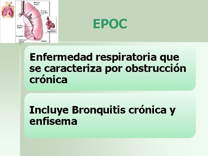 EPOC Enfermedad respiratoria que se caracteriza por obstrucción crónica Incluye Bronquitis crónica y enfisema
