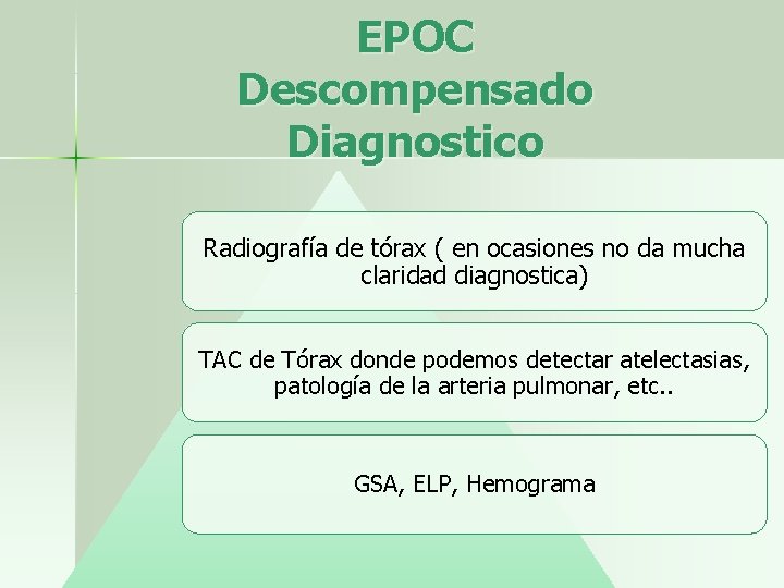 EPOC Descompensado Diagnostico Radiografía de tórax ( en ocasiones no da mucha claridad diagnostica)