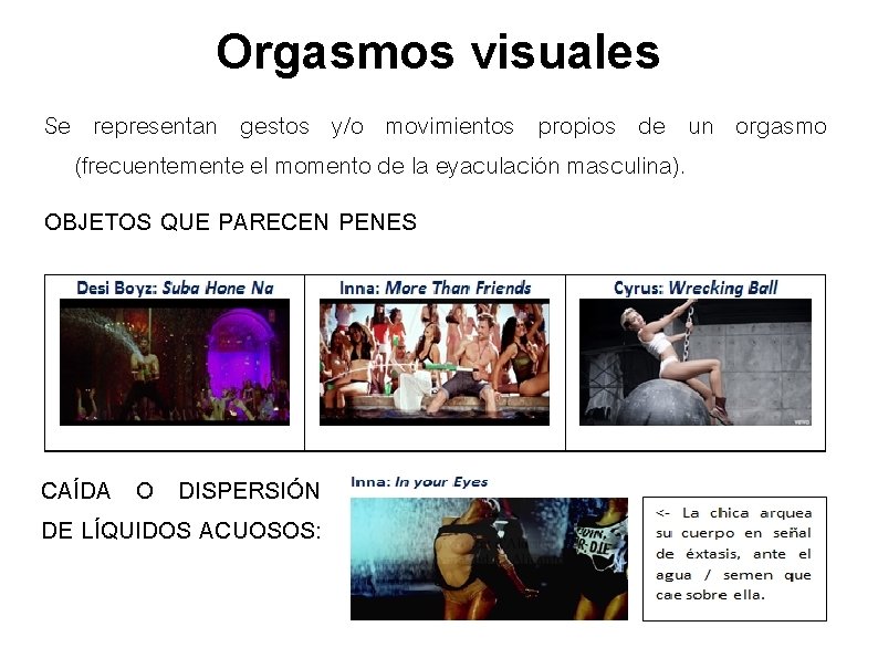 Orgasmos visuales Se representan gestos y/o movimientos propios de un orgasmo (frecuentemente el momento