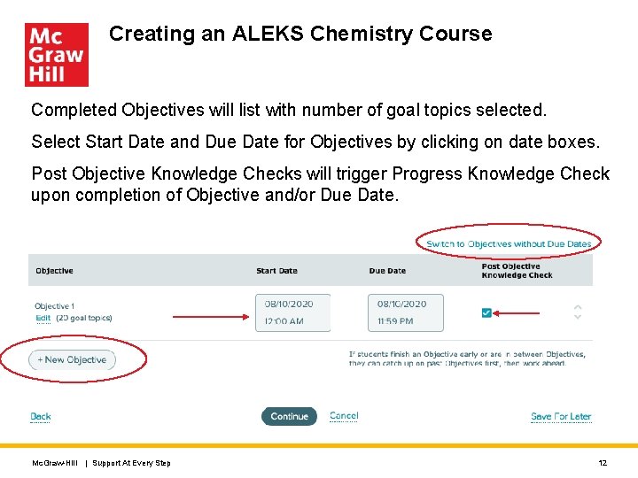 Creating an ALEKS Chemistry Course Completed Objectives will list with number of goal topics