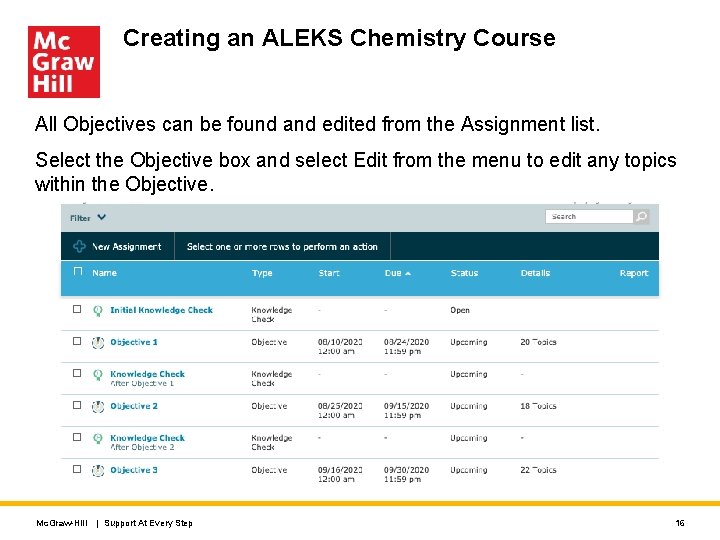 Creating an ALEKS Chemistry Course All Objectives can be found and edited from the