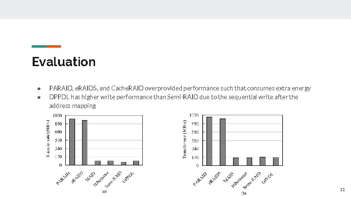 Evaluation ● ● PARAID, e. RAID 5, and Cache. RAID overprovided performance such that