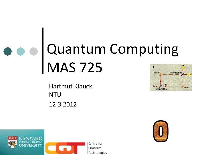 Quantum Computing MAS 725 Hartmut Klauck NTU 12. 3. 2012 
