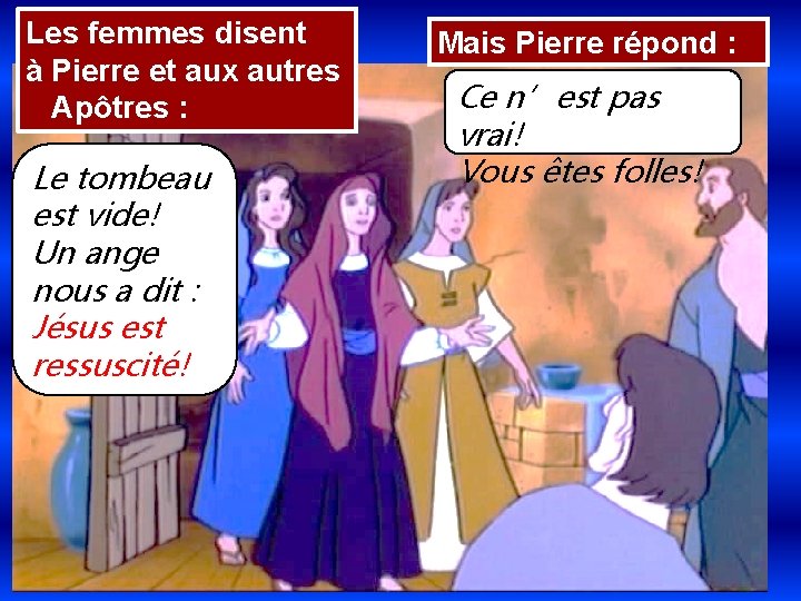 Les femmes disent à Pierre et aux autres Apôtres : Le tombeau est vide!