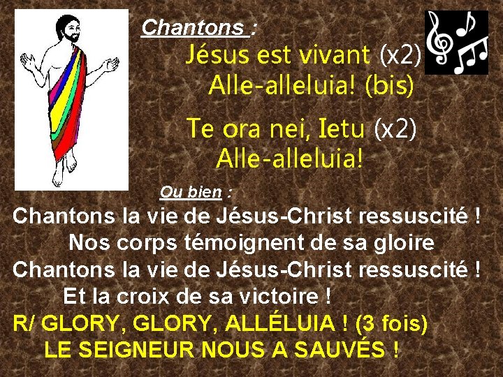 Chantons : Jésus est vivant (x 2) Alle-alleluia! (bis) Te ora nei, Ietu (x