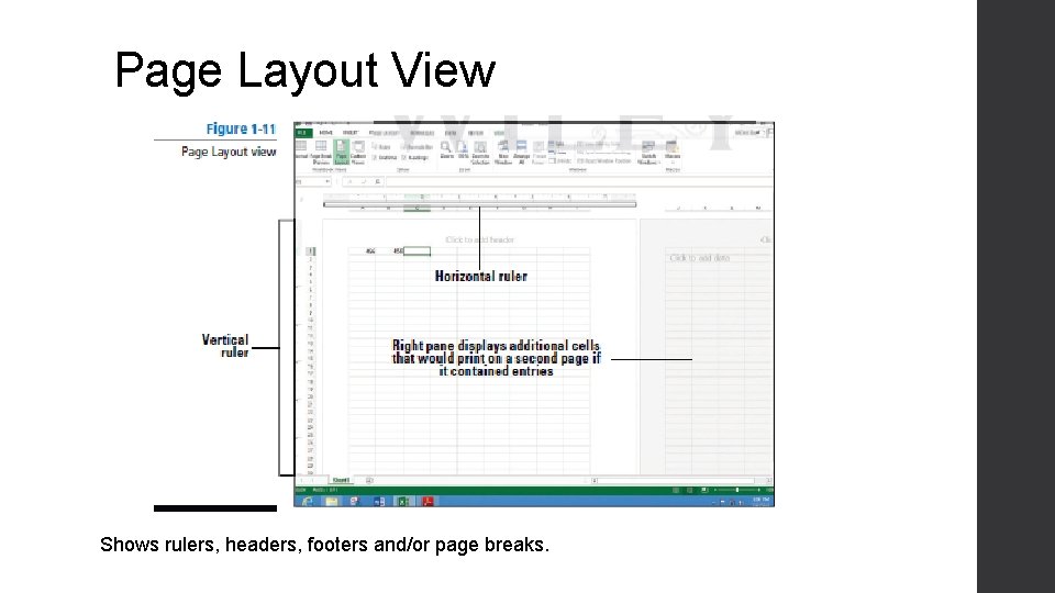 Page Layout View Shows rulers, headers, footers and/or page breaks. 