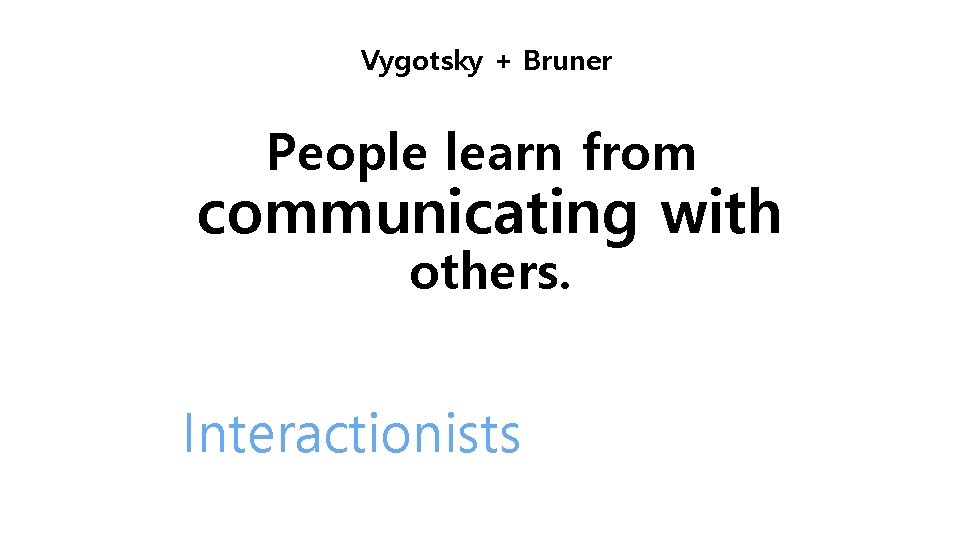 Vygotsky + Bruner People learn from communicating with others. Interactionists 
