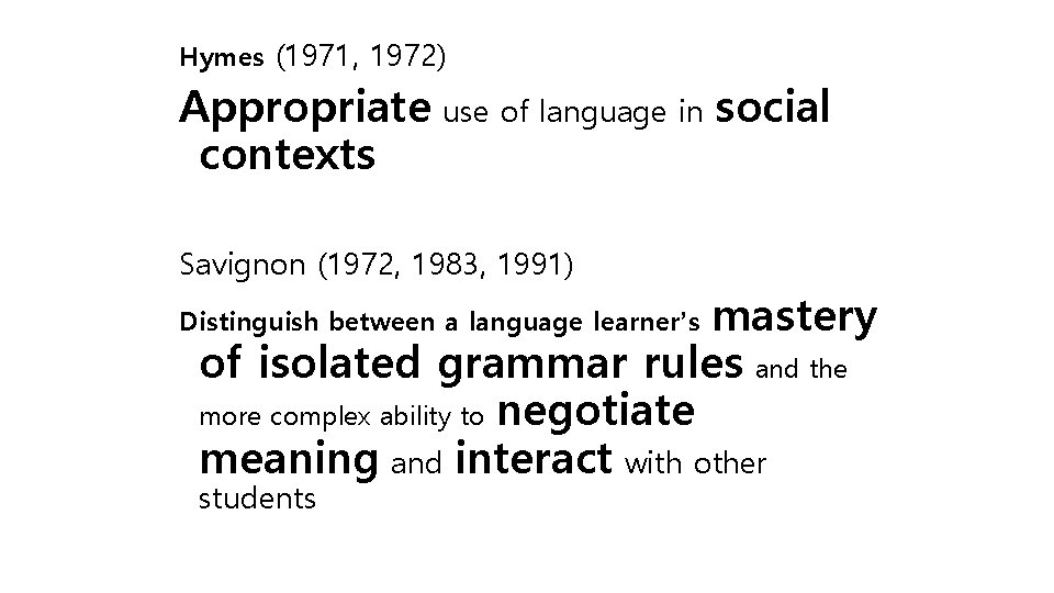 Hymes (1971, 1972) Appropriate use of language in social contexts Savignon (1972, 1983, 1991)