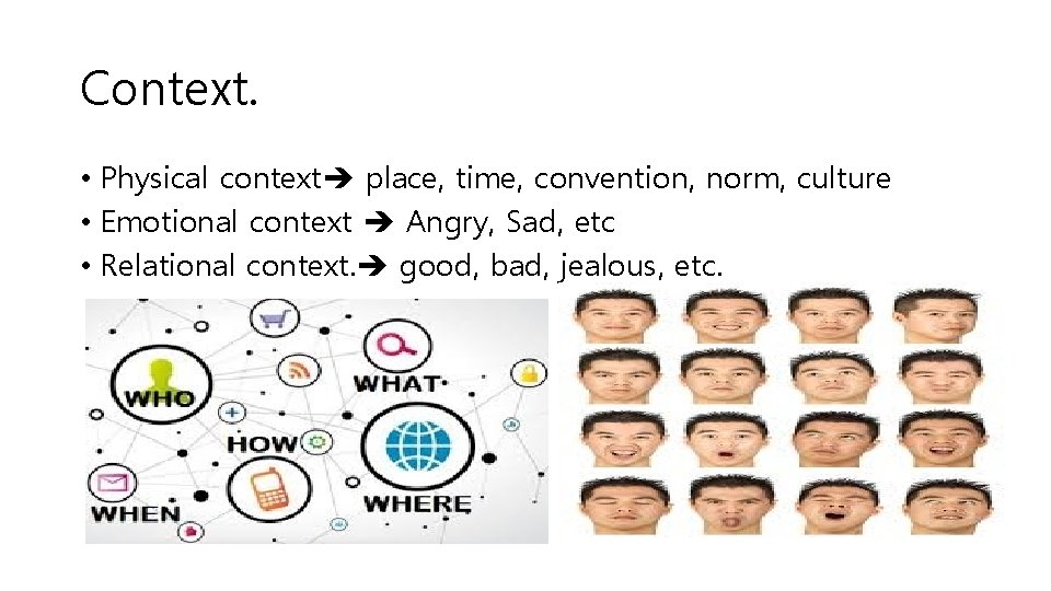 Context. • Physical context place, time, convention, norm, culture • Emotional context Angry, Sad,