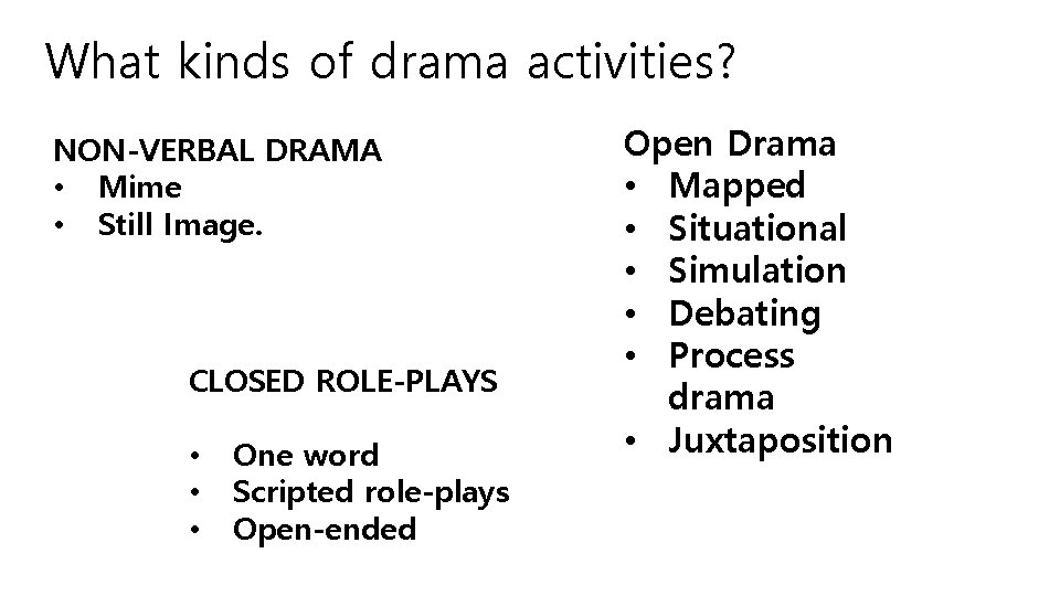What kinds of drama activities? 3. 3. OPEN DR NON-VERBAL DRAMA • Mime •