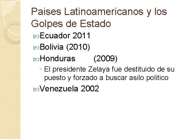 Paises Latinoamericanos y los Golpes de Estado Ecuador 2011 Bolivia (2010) Honduras (2009) ◦