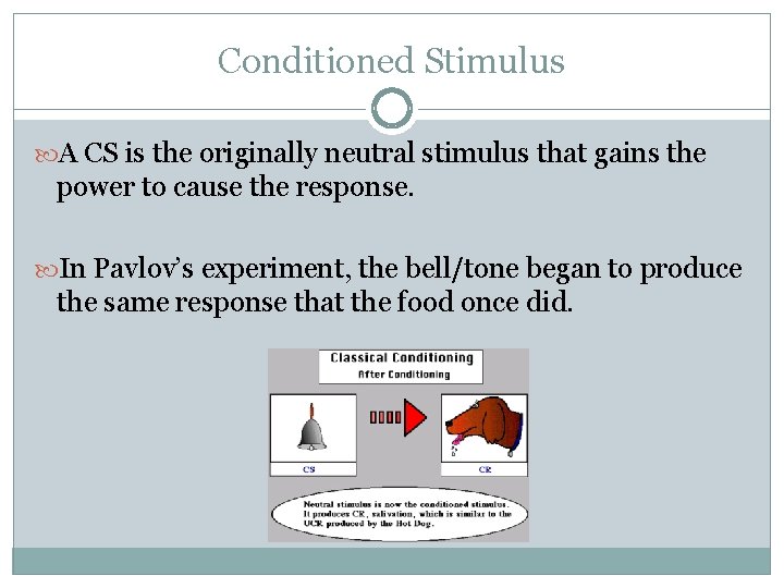 Conditioned Stimulus A CS is the originally neutral stimulus that gains the power to