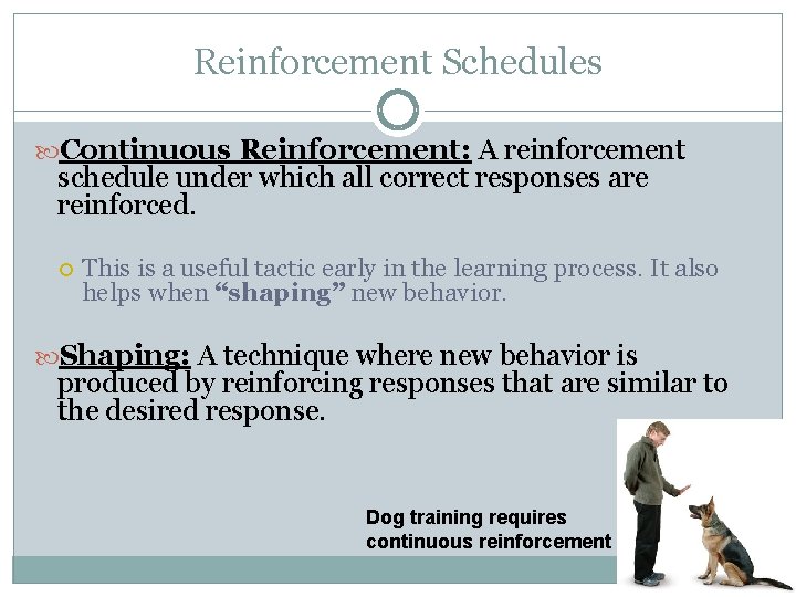 Reinforcement Schedules Continuous Reinforcement: A reinforcement schedule under which all correct responses are reinforced.