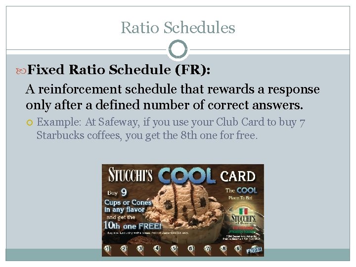 Ratio Schedules Fixed Ratio Schedule (FR): A reinforcement schedule that rewards a response only