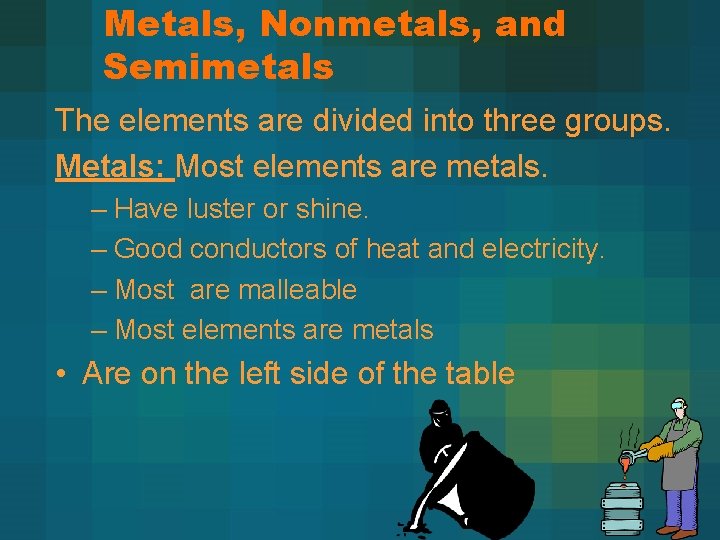 Metals, Nonmetals, and Semimetals The elements are divided into three groups. Metals: Most elements Metals, Nonmetals, and Semimetals The elements are divided into three groups. Metals: Most elements