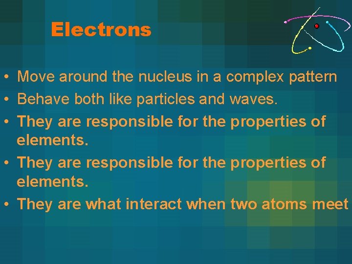 Electrons • Move around the nucleus in a complex pattern • Behave both like Electrons • Move around the nucleus in a complex pattern • Behave both like