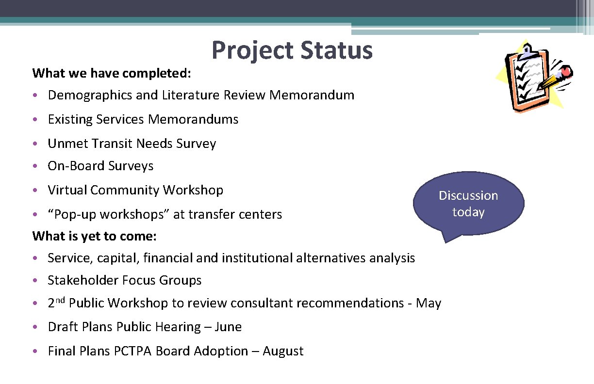 What we have completed: Project Status • Demographics and Literature Review Memorandum • Existing
