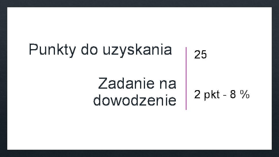 Punkty do uzyskania Zadanie na dowodzenie 25 2 pkt - 8 % 