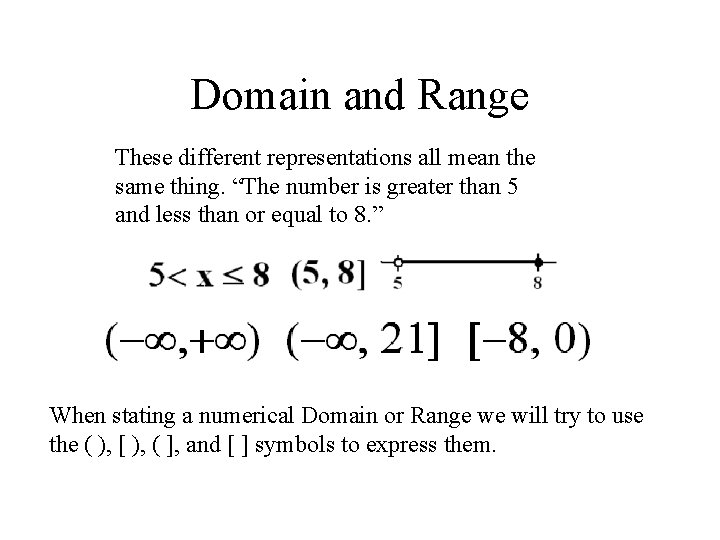 Domain and Range These different representations all mean the same thing. “The number is