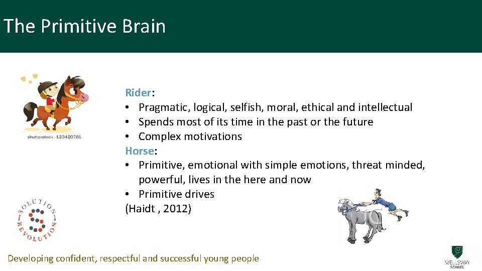The Primitive Brain Rider: • Pragmatic, logical, selfish, moral, ethical and intellectual • Spends