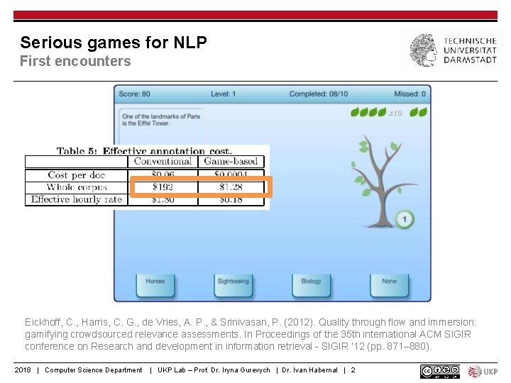 Serious games for NLP First encounters Eickhoff, C. , Harris, C. G. , de