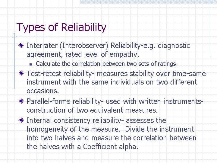 Types of Reliability Interrater (Interobserver) Reliability-e. g. diagnostic agreement, rated level of empathy. n