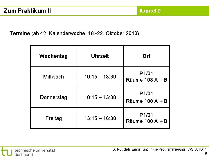 Kapitel 0 Zum Praktikum II Termine (ab 42. Kalenderwoche: 18. -22. Oktober 2010) Wochentag