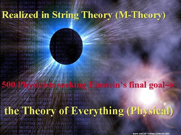 Realized in String Theory (M-Theory) 500 Physicists seeking Einstein’s final goal the Theory of Realized in String Theory (M-Theory) 500 Physicists seeking Einstein’s final goal the Theory of