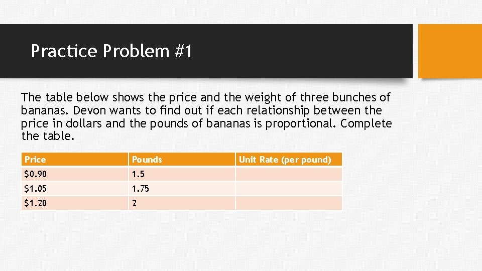 Practice Problem #1 The table below shows the price and the weight of three