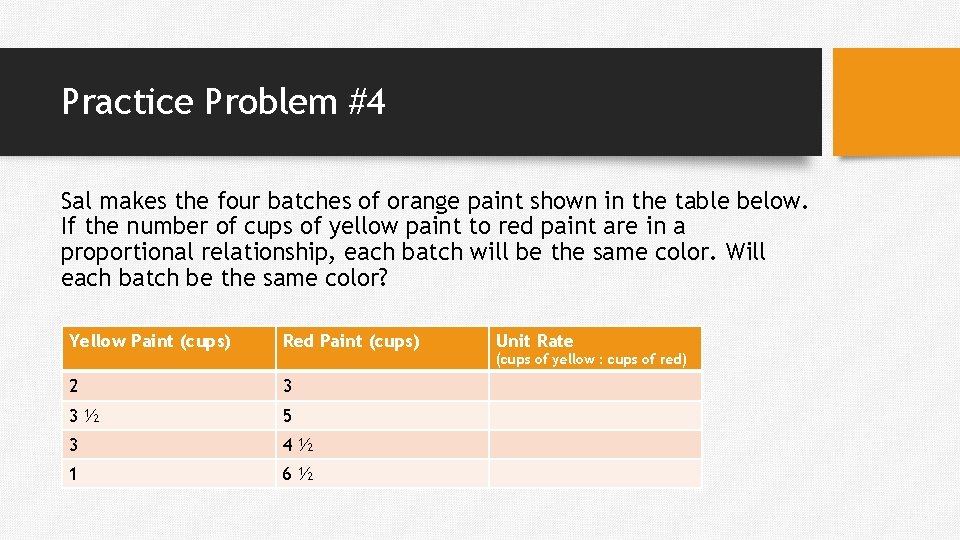 Practice Problem #4 Sal makes the four batches of orange paint shown in the