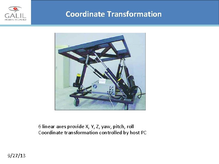 Coordinate Transformation 6 linear axes provide X, Y, Z, yaw, pitch, roll Coordinate transformation