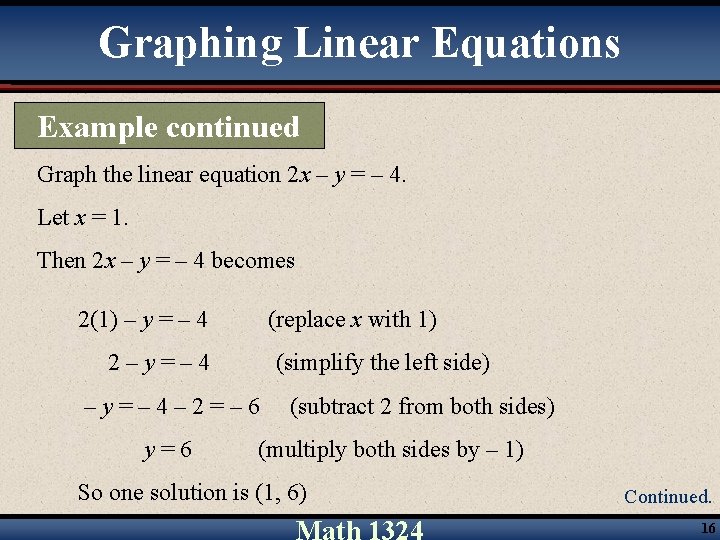 Graphing Linear Equations Example continued Graph the linear equation 2 x – y =