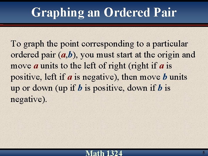 Graphing an Ordered Pair To graph the point corresponding to a particular ordered pair