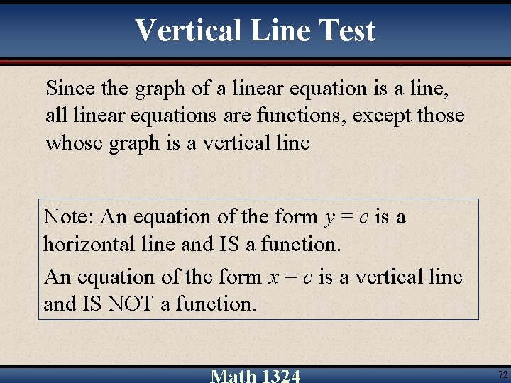 Vertical Line Test Since the graph of a linear equation is a line, all