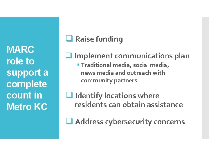 q Raise funding MARC role to support a complete count in Metro KC q