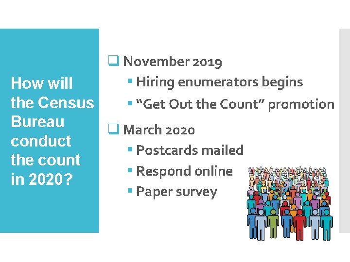 q November 2019 § Hiring enumerators begins How will the Census § “Get Out
