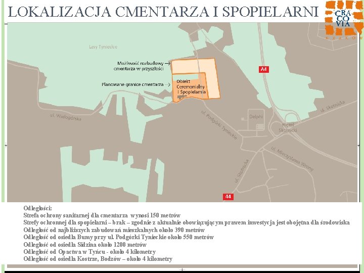 LOKALIZACJA CMENTARZA I SPOPIELARNI Odległości: Strefa ochrony sanitarnej dla cmentarza wynosi 150 metrów Strefy