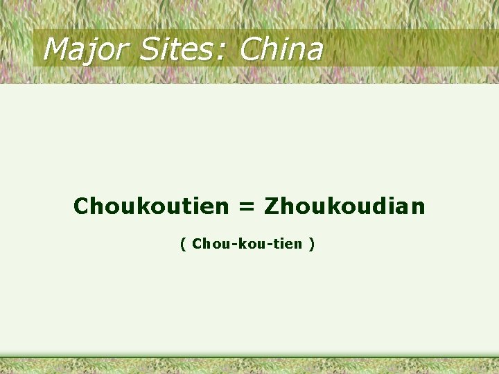 Major Sites: China Choukoutien = Zhoukoudian ( Chou-kou-tien ) 