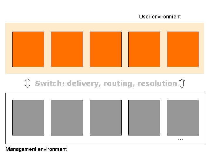 User environment Switch: delivery, routing, resolution … Management environment 19 